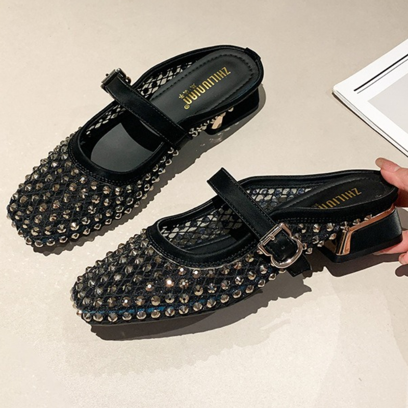 Sandals - Mesh Rhinestone Chunky Heel Mules Slippers