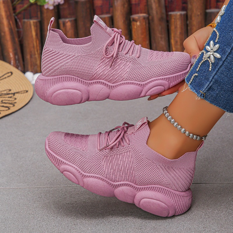 Knit Fabric Lace Up Sneakers - Women's Sneakers New Trendy Solid Knitted