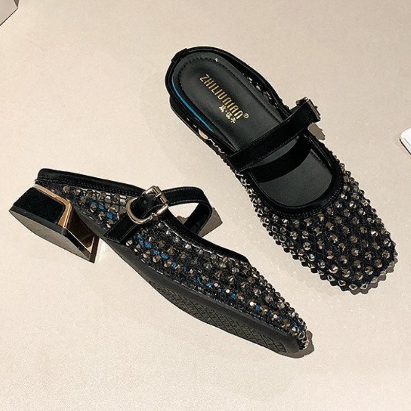 Mesh Rhinestone Chunky Heel Mu - Sandals 评论和价格
