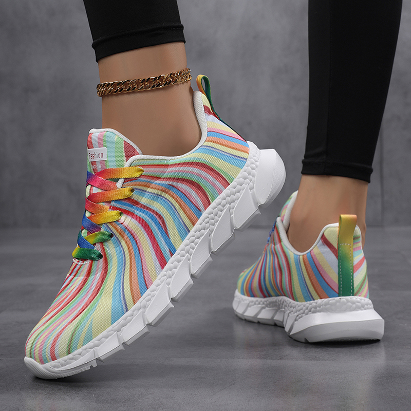 Women Rainbow Striped Sneakers - Knit Fabric Lace Up Sneakers 评论和价格